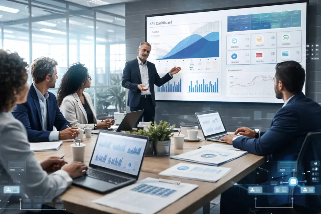 Business meeting with data presentation on screen