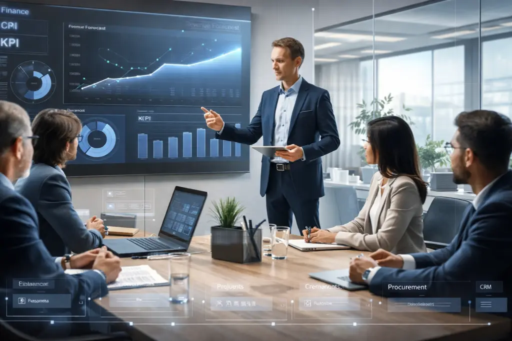 Business meeting discussing financial data presentation