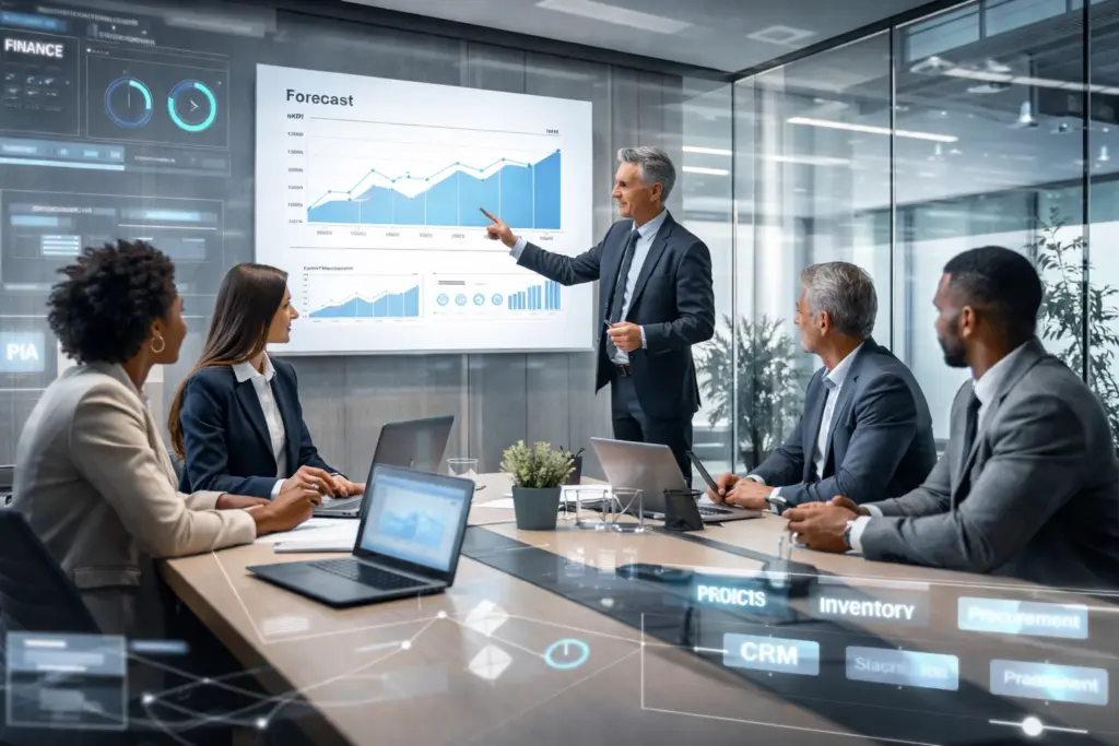 Business team discussing financial forecast presentation