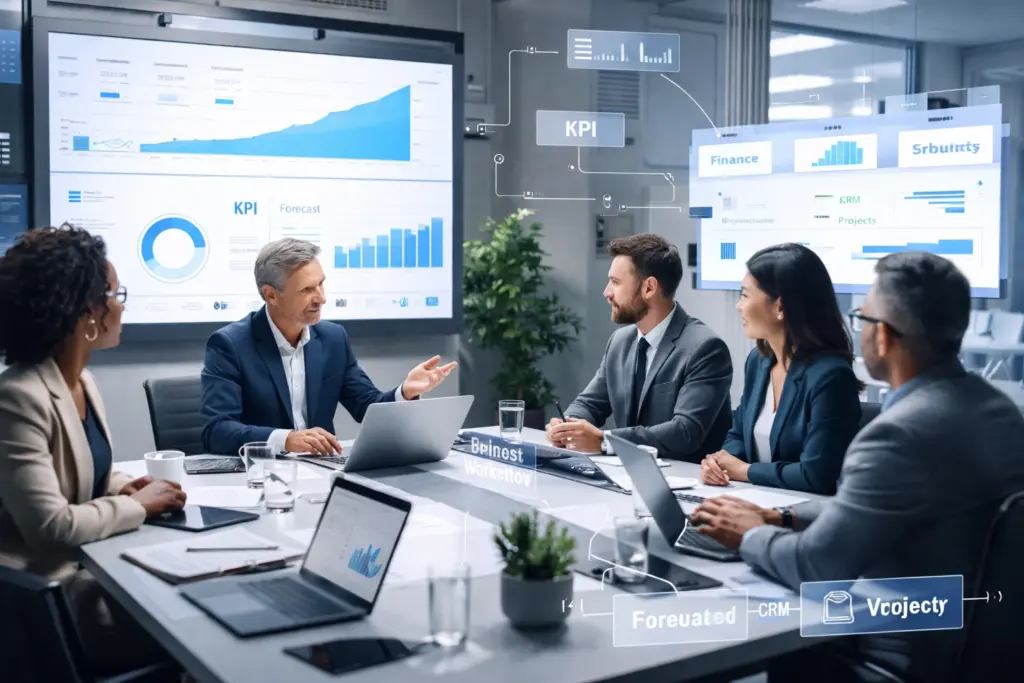 Business team discussing financial data in meeting