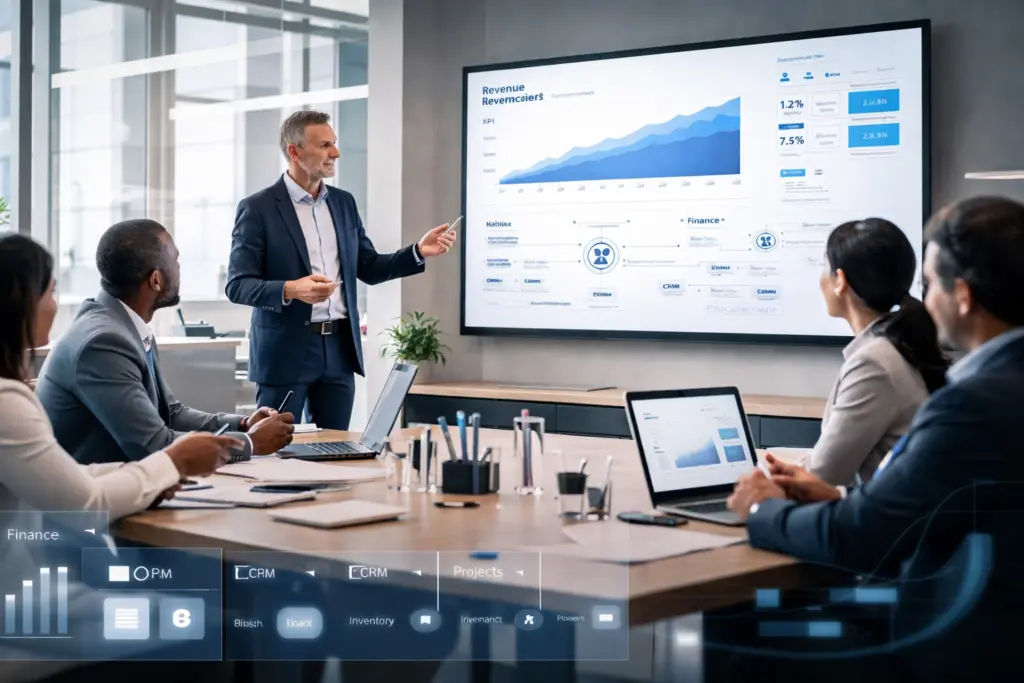 Business meeting with financial presentation screen