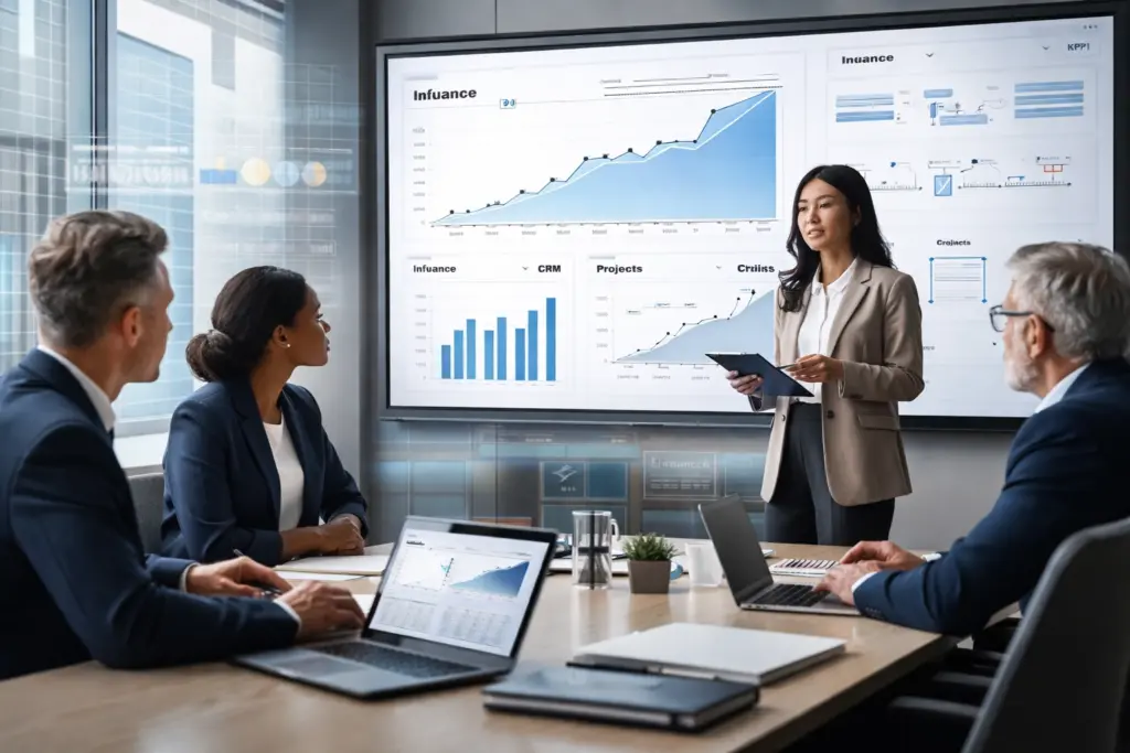 Business team analyzing financial growth presentation