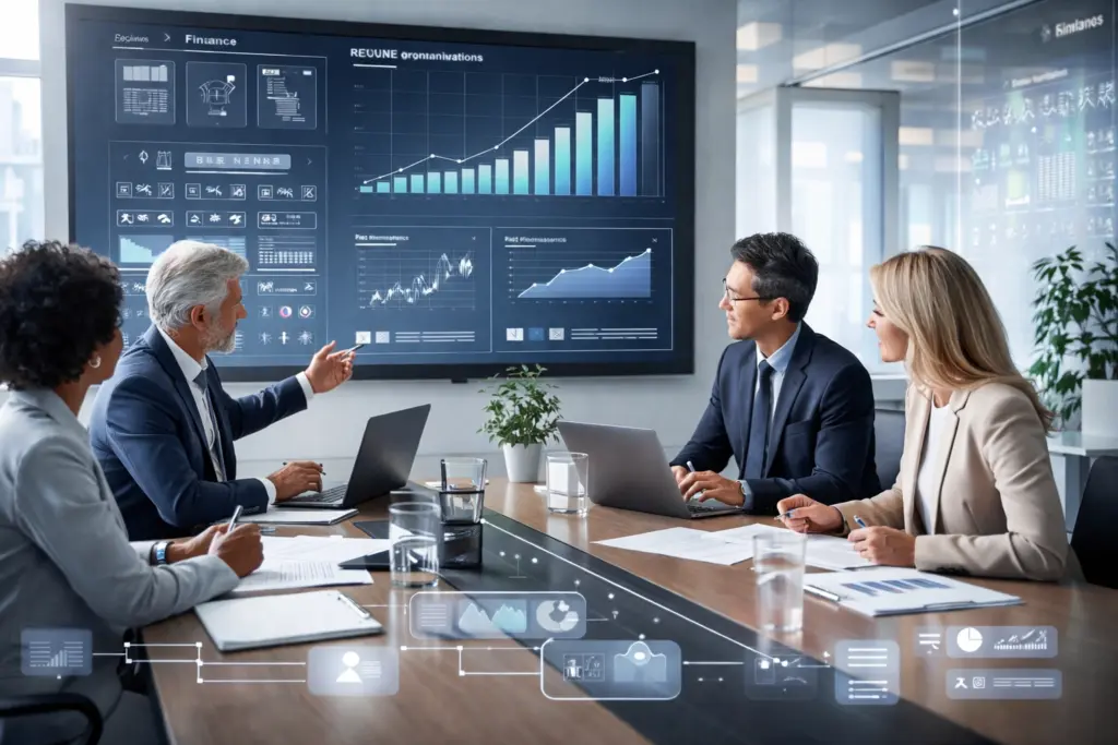 Business team analyzing financial data presentation