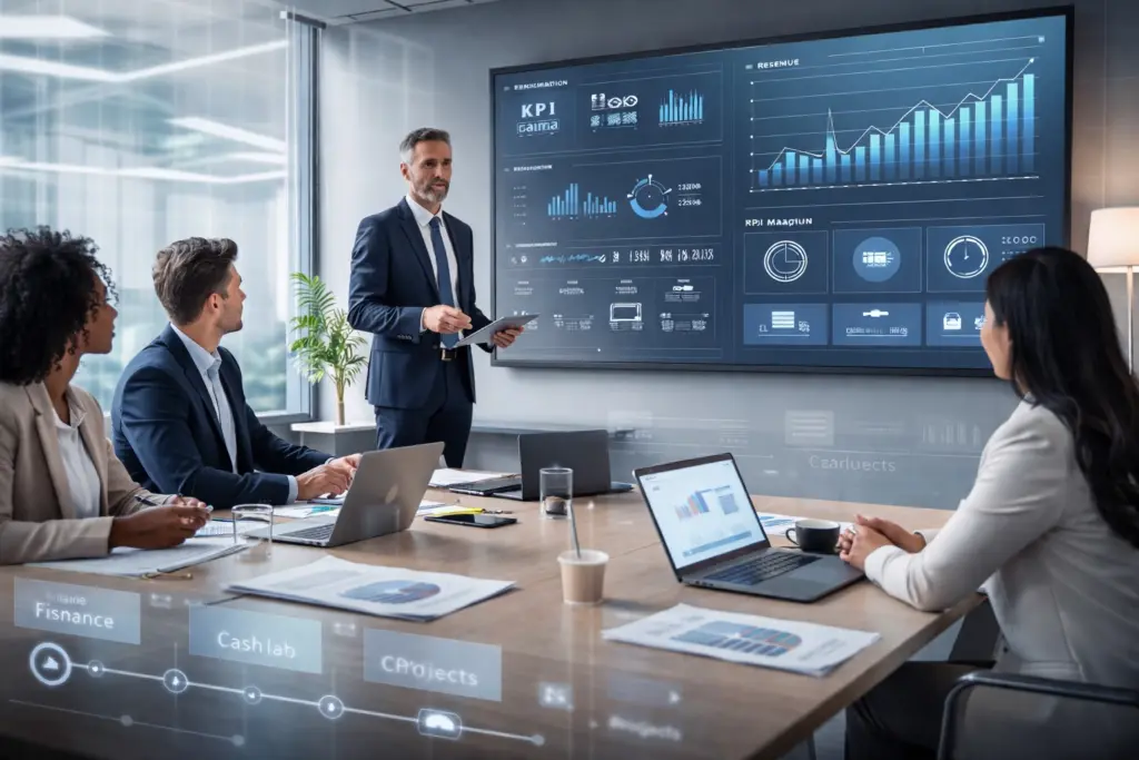 Business team analyzing data in conference room