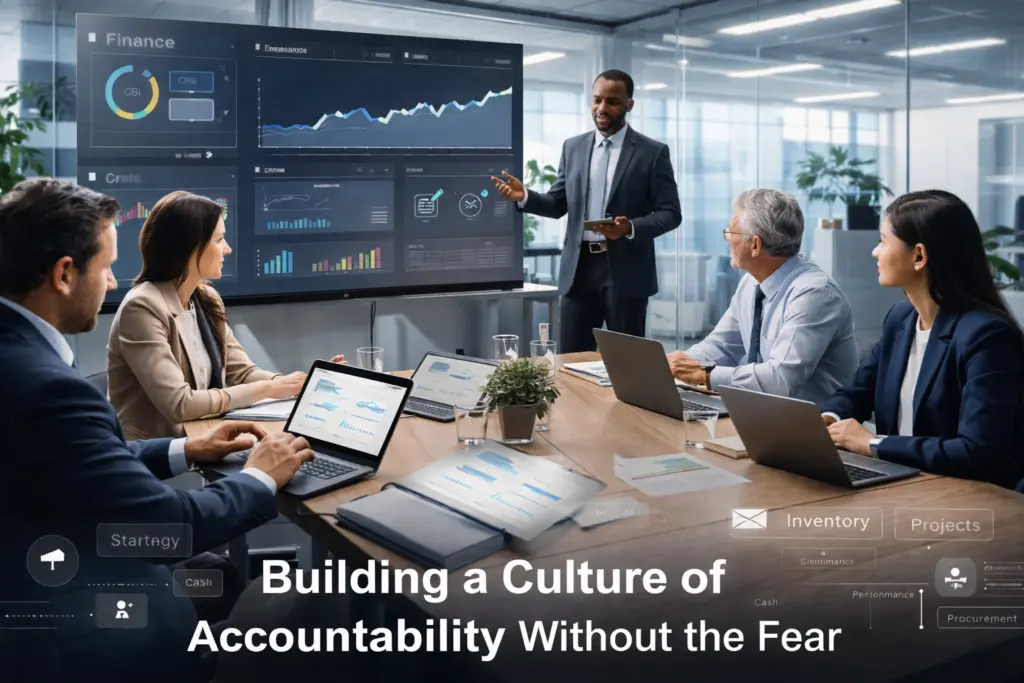 Team discussing accountability strategy in modern office