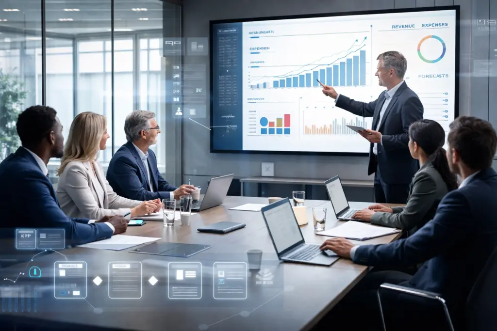 Business team analyzing financial data presentation