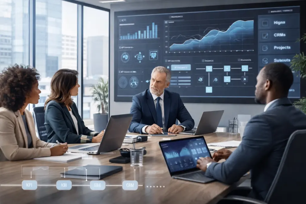 Business team analyzing data in modern office
