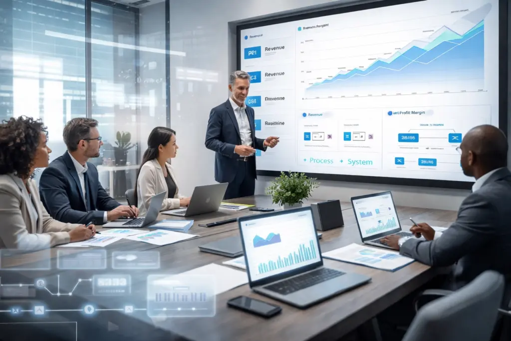 Business team analyzing financial presentation data charts