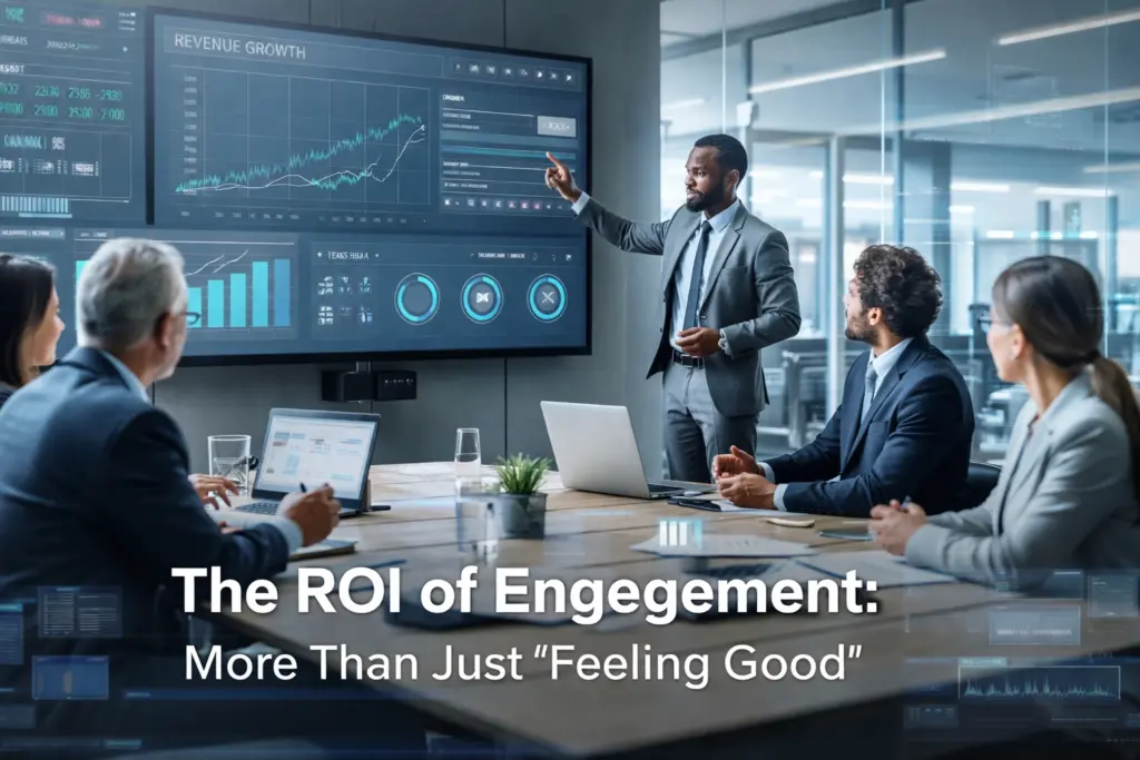 Business meeting presenting revenue growth data