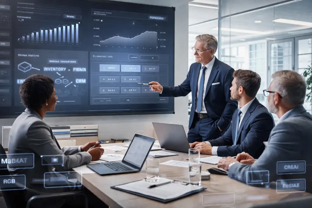 Business team analyzing data in meeting room