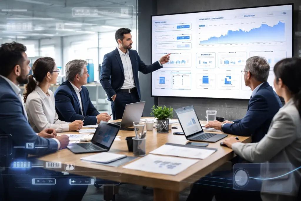 Business meeting analyzing financial data presentation
