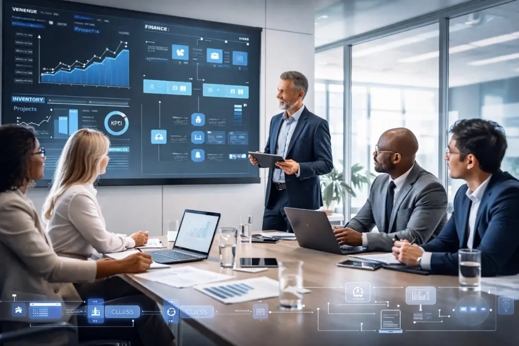Business team analyzing data presentation in meeting room