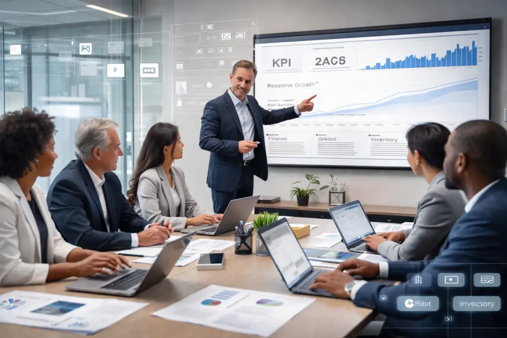 Team analyzing business growth data presentation