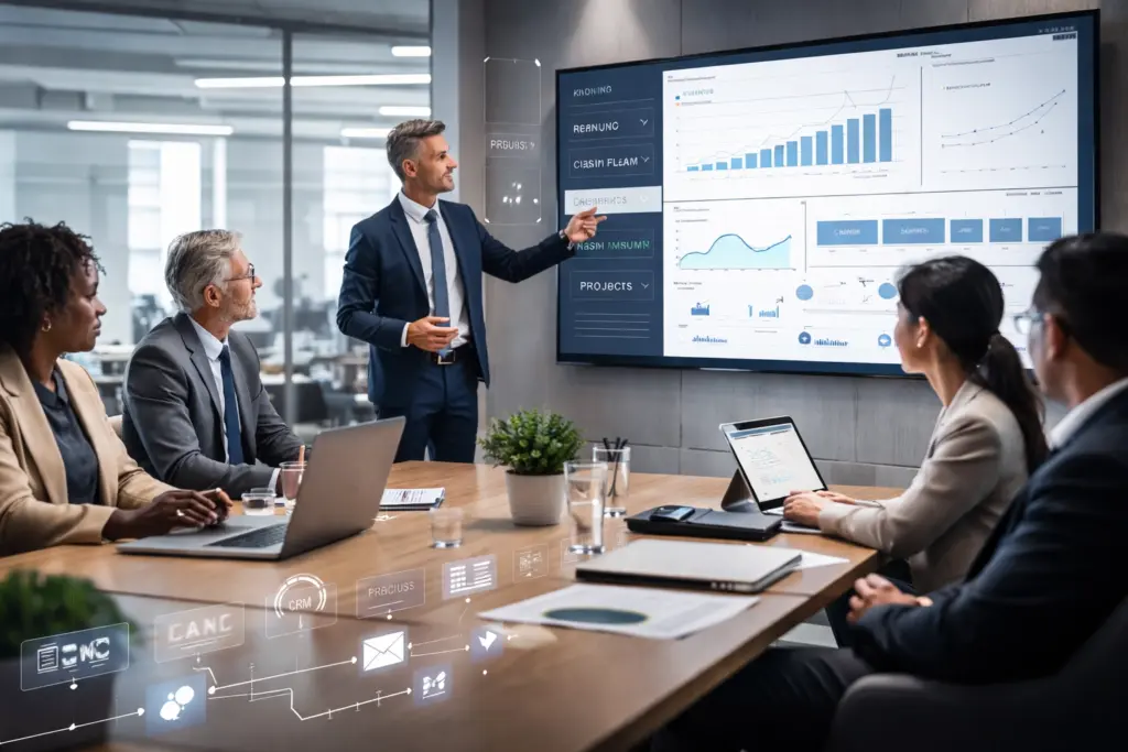 Business team analyzing financial data presentation