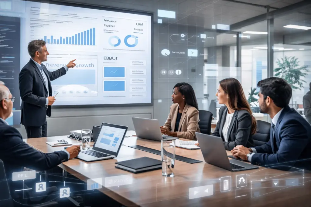 Business team analyzing data in modern conference room