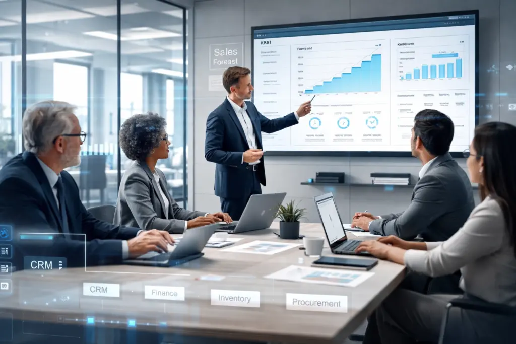 Business team analyzing sales data presentation