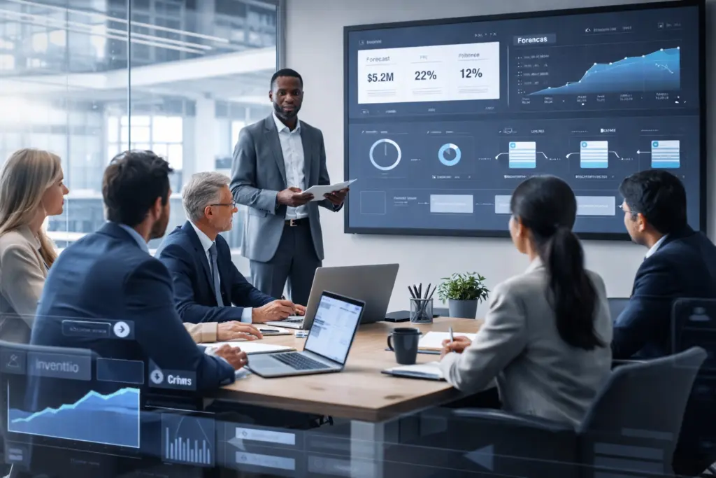 Business team analyzing financial data presentation