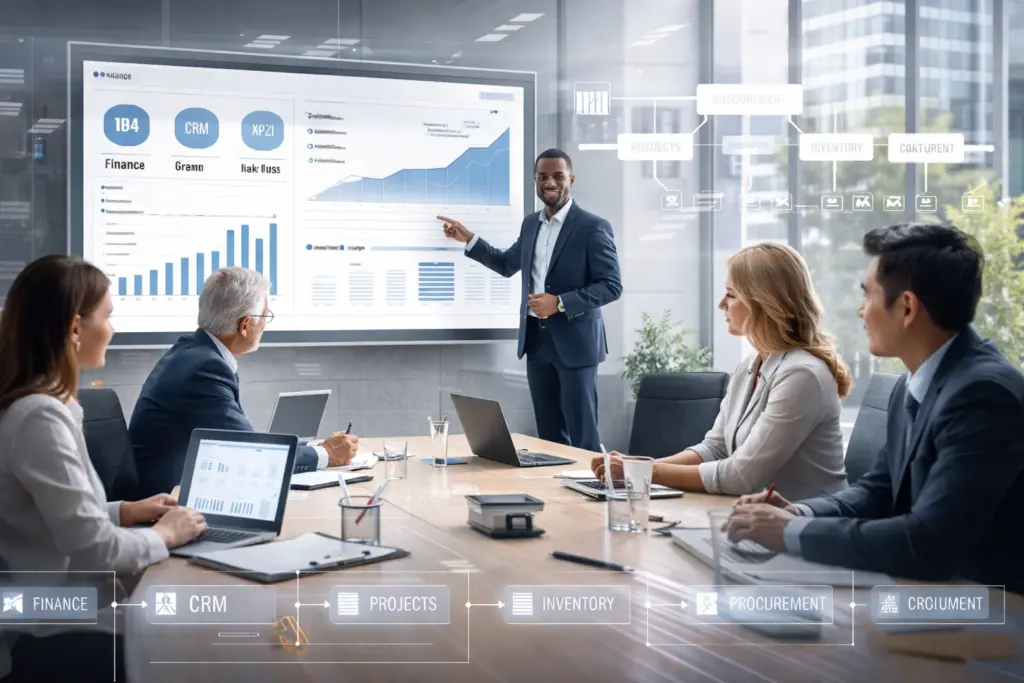 Business team analyzing financial data presentation.