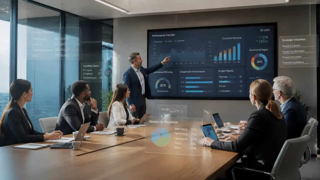 Business team reviewing performance dashboard in meeting