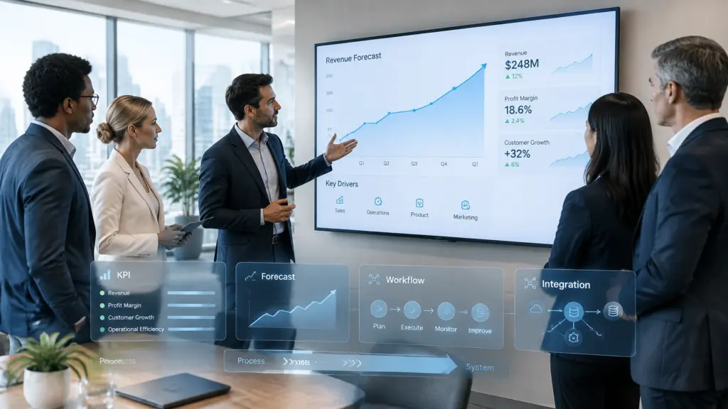 Team reviews revenue forecast dashboard during office meeting