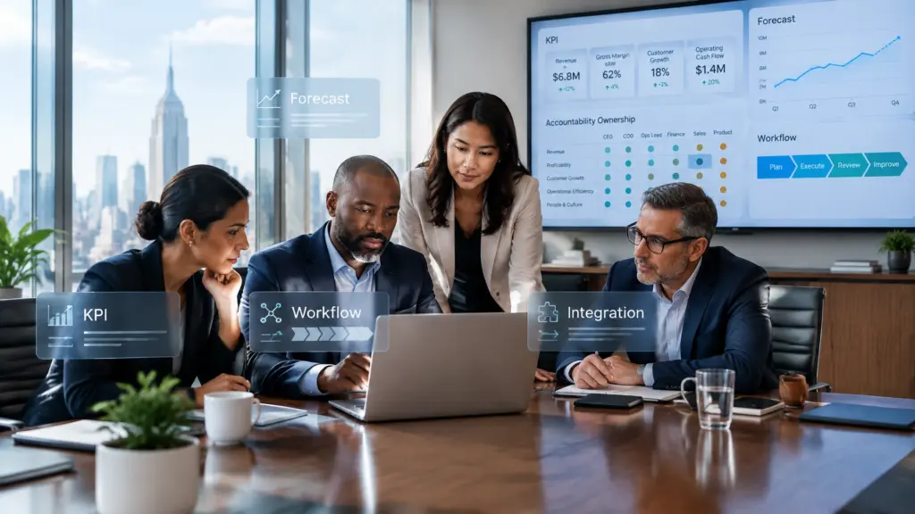 Business team reviewing KPI dashboard and forecast