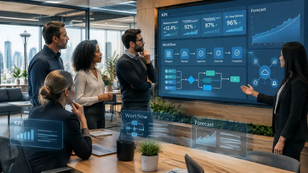 Team reviews KPI dashboard and workflow forecast in office