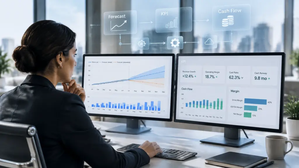 Businesswoman reviews financial KPI dashboards on dual monitors