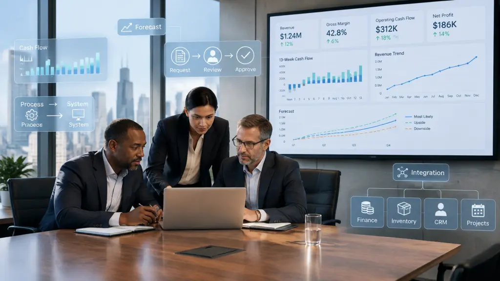 Business team reviews financial dashboard and integration workflow