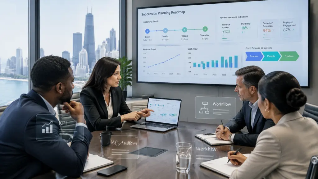Executives review succession planning dashboard in city office