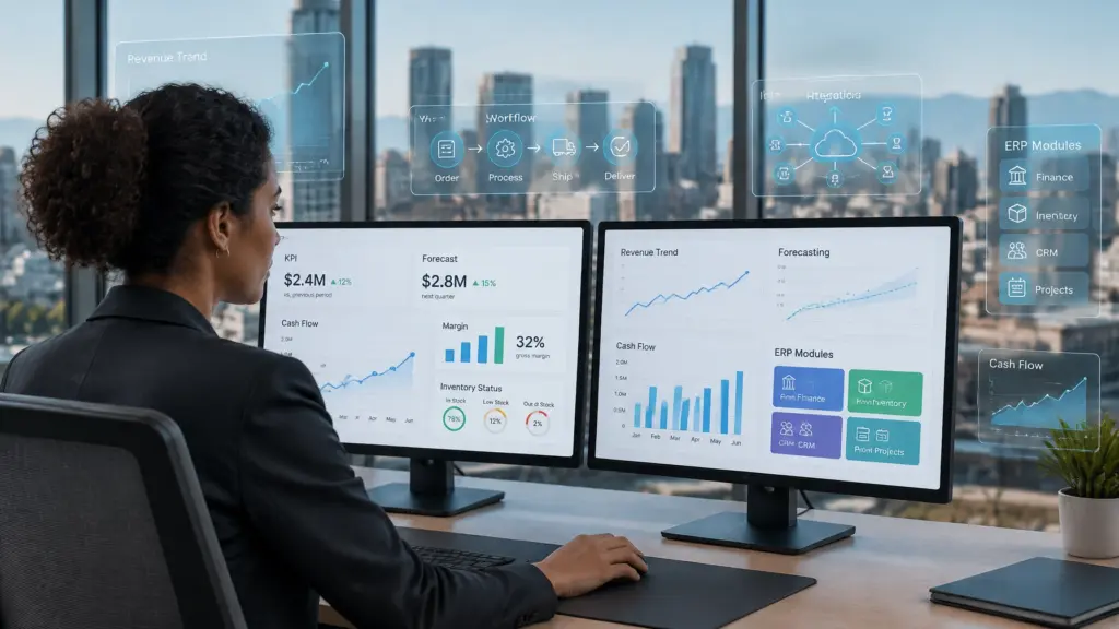Businesswoman monitoring ERP analytics dashboards on dual computer screens