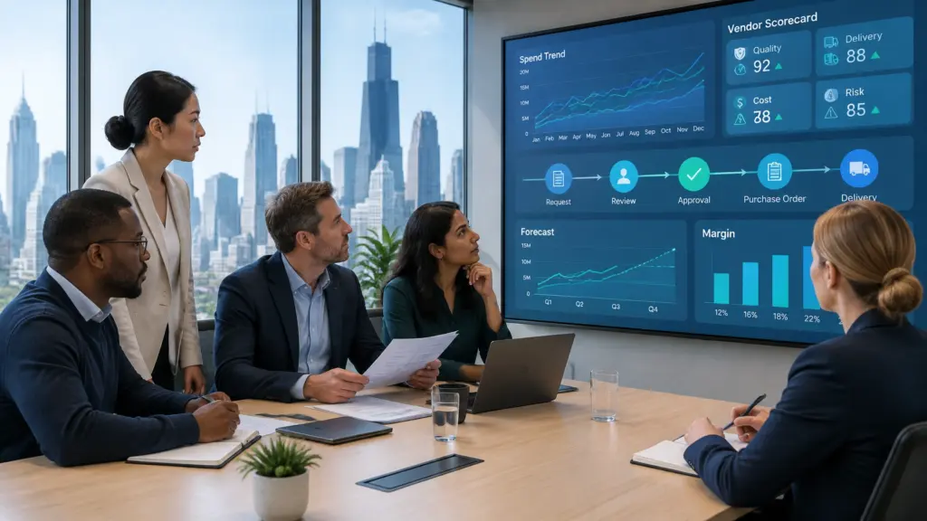 Team reviews vendor scorecard and procurement dashboard