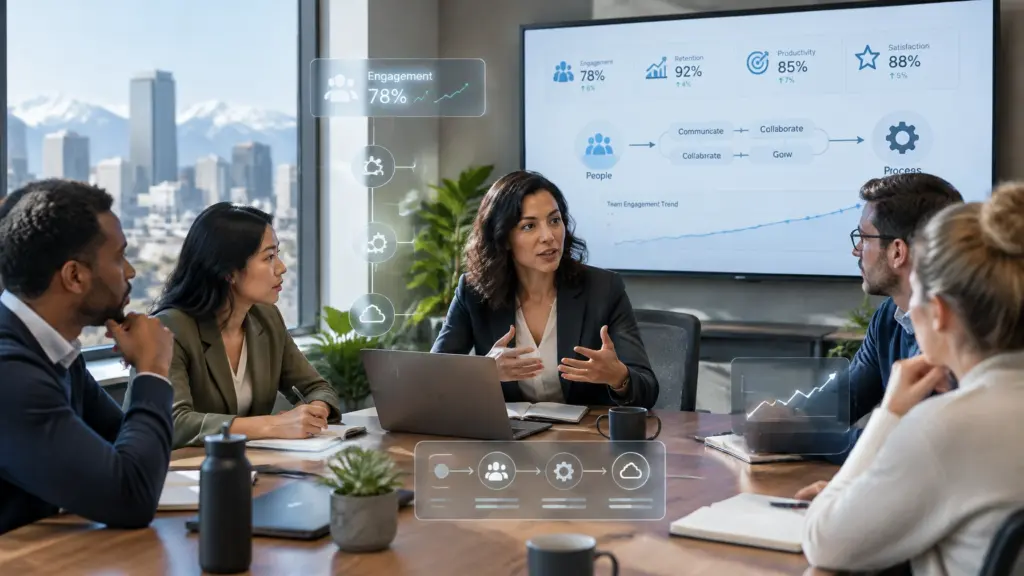 Team reviews engagement analytics during a business meeting