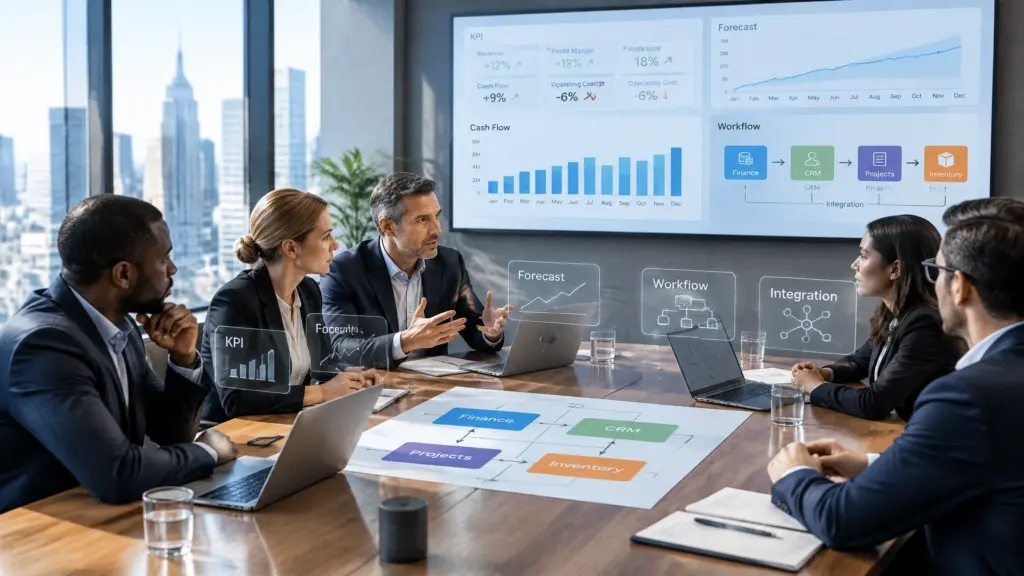 Business team reviews financial dashboard and workflow integration