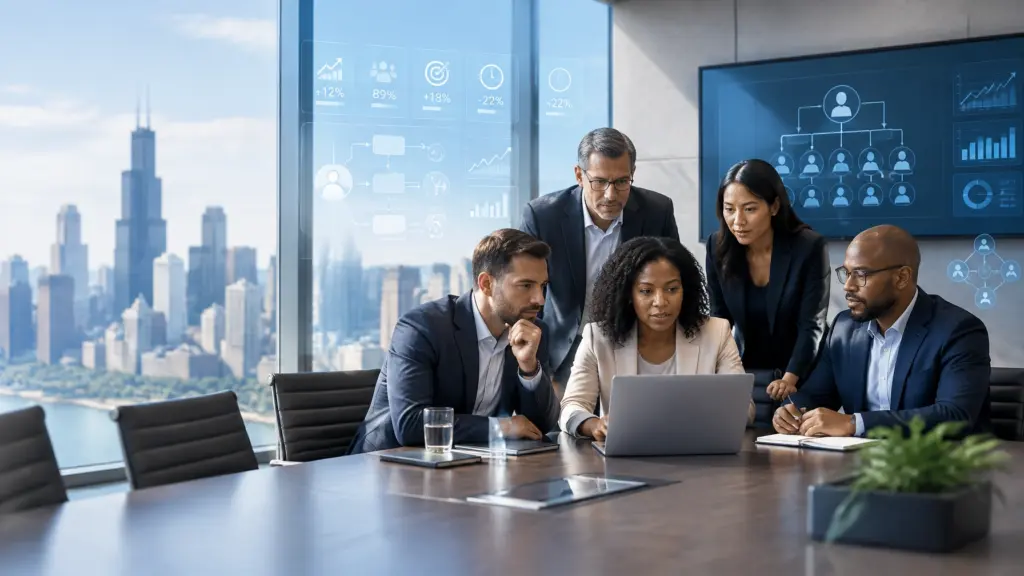 Business team reviews workforce analytics on laptop
