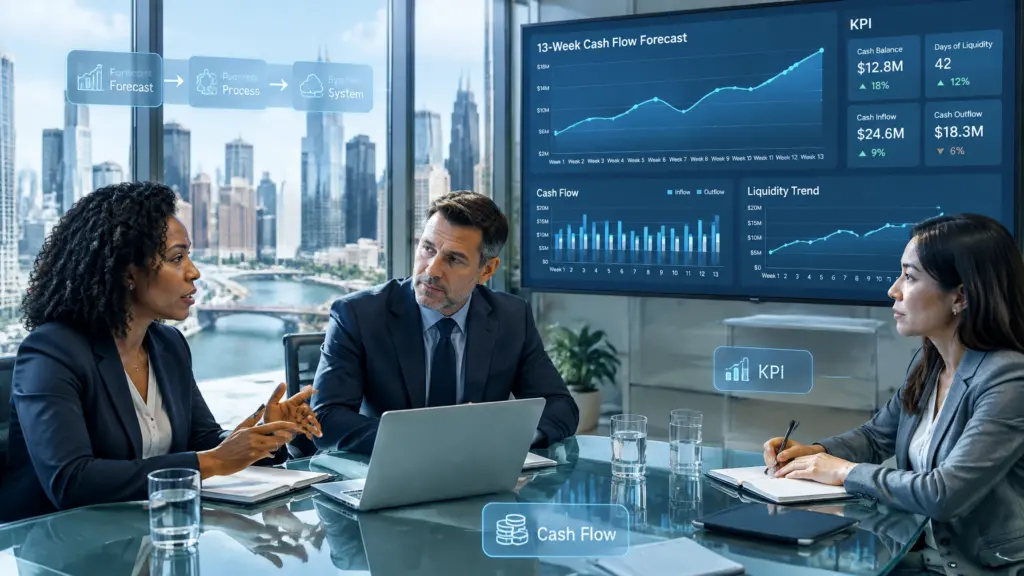Executives review cash flow forecast dashboard in office
