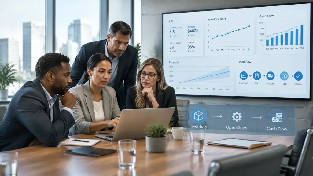 Team reviews inventory, operations, and cash flow dashboard