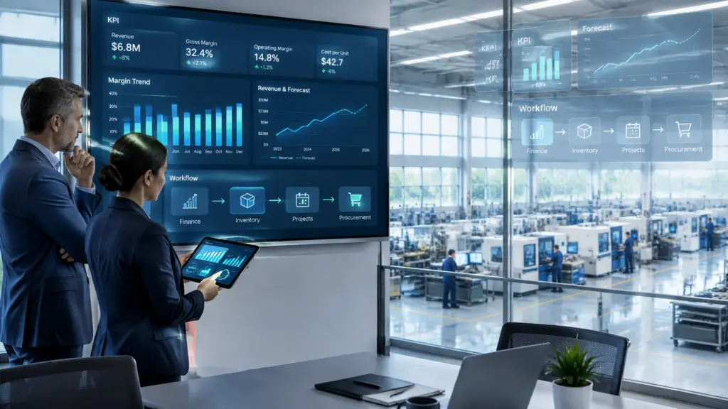 Executives reviewing manufacturing KPI dashboard and workflow data