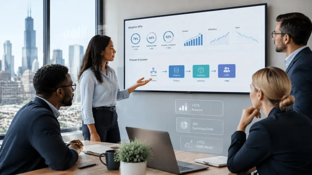 Business team reviews KPI dashboard during office meeting