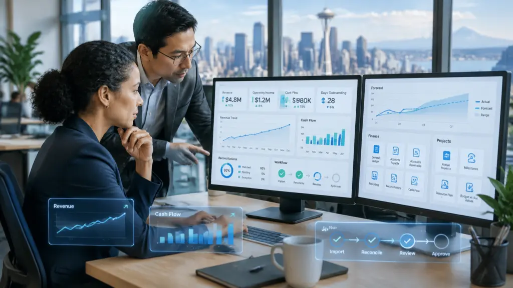 Colleagues reviewing financial dashboards in Seattle office
