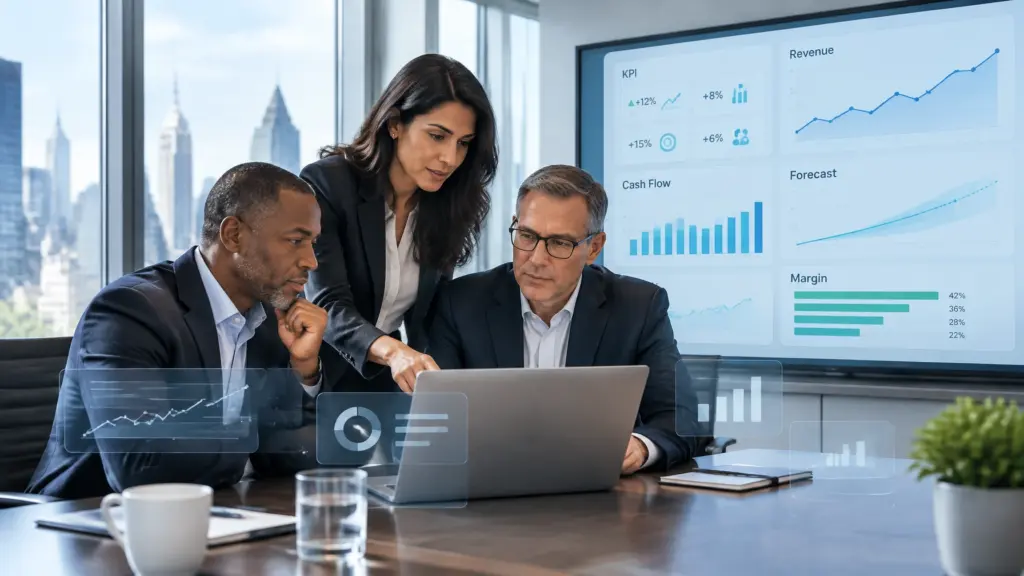 Business team reviewing financial dashboard on laptop