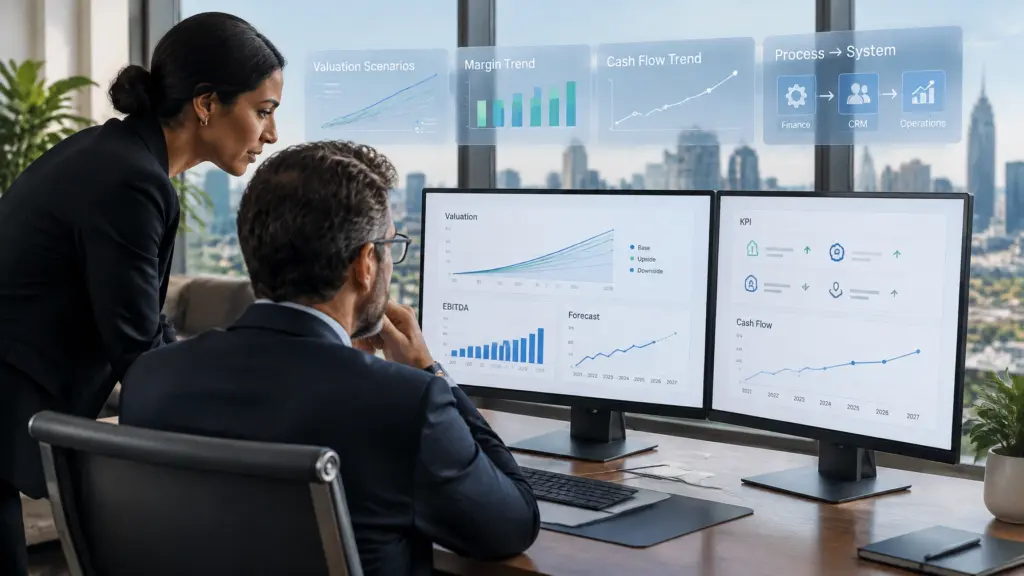 Executives review financial dashboards in a city office
