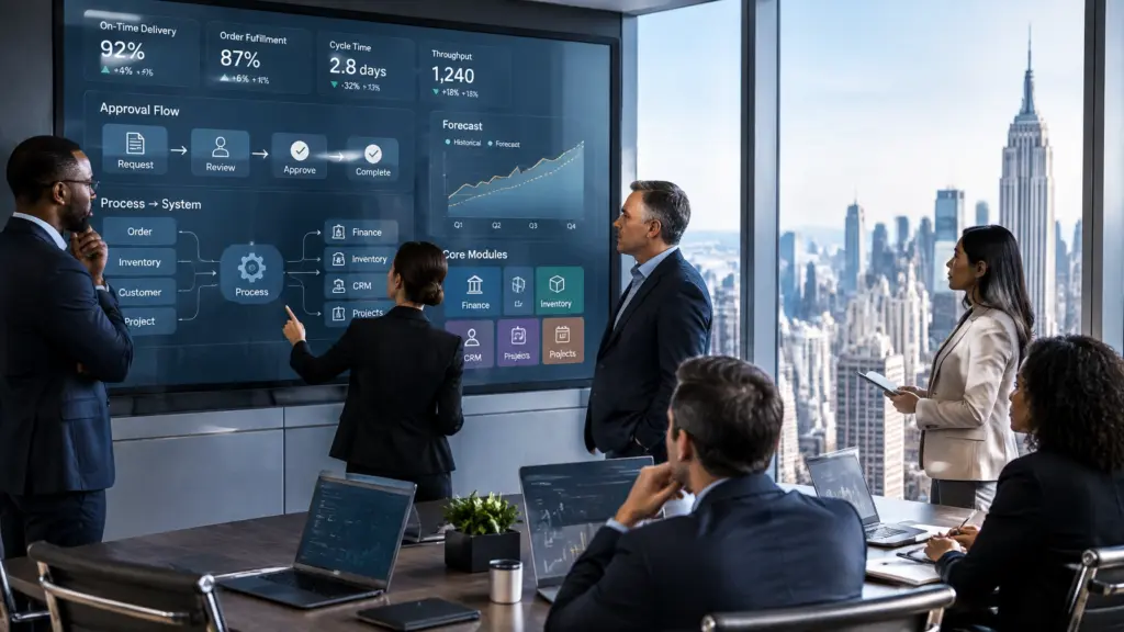 Business team reviews operations dashboard in Manhattan office