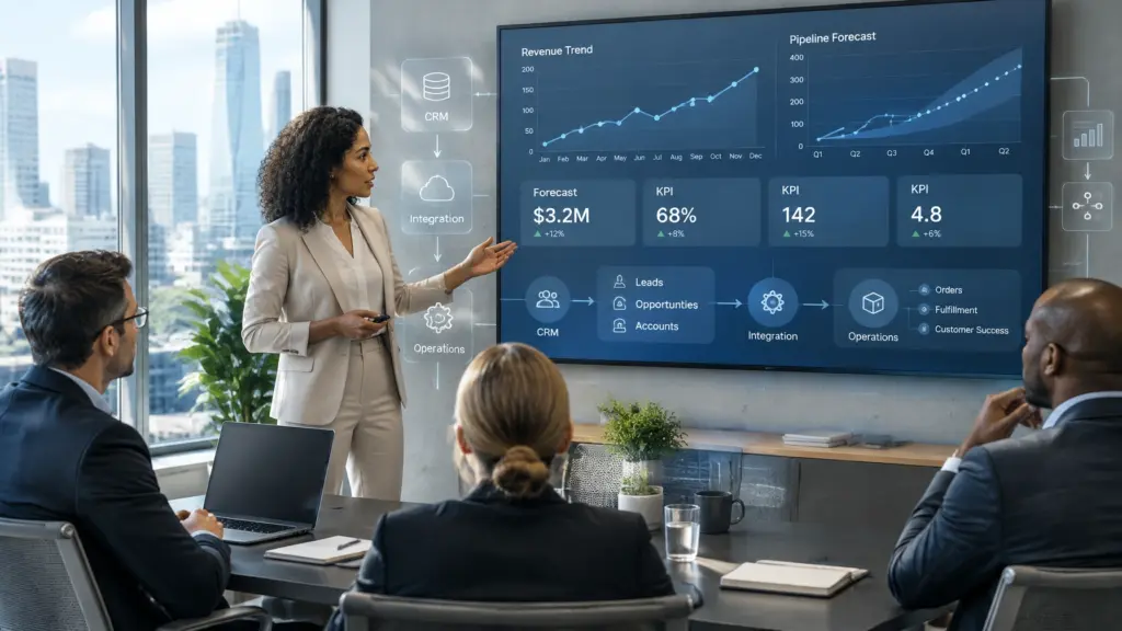 Executive presents revenue and pipeline dashboard to colleagues